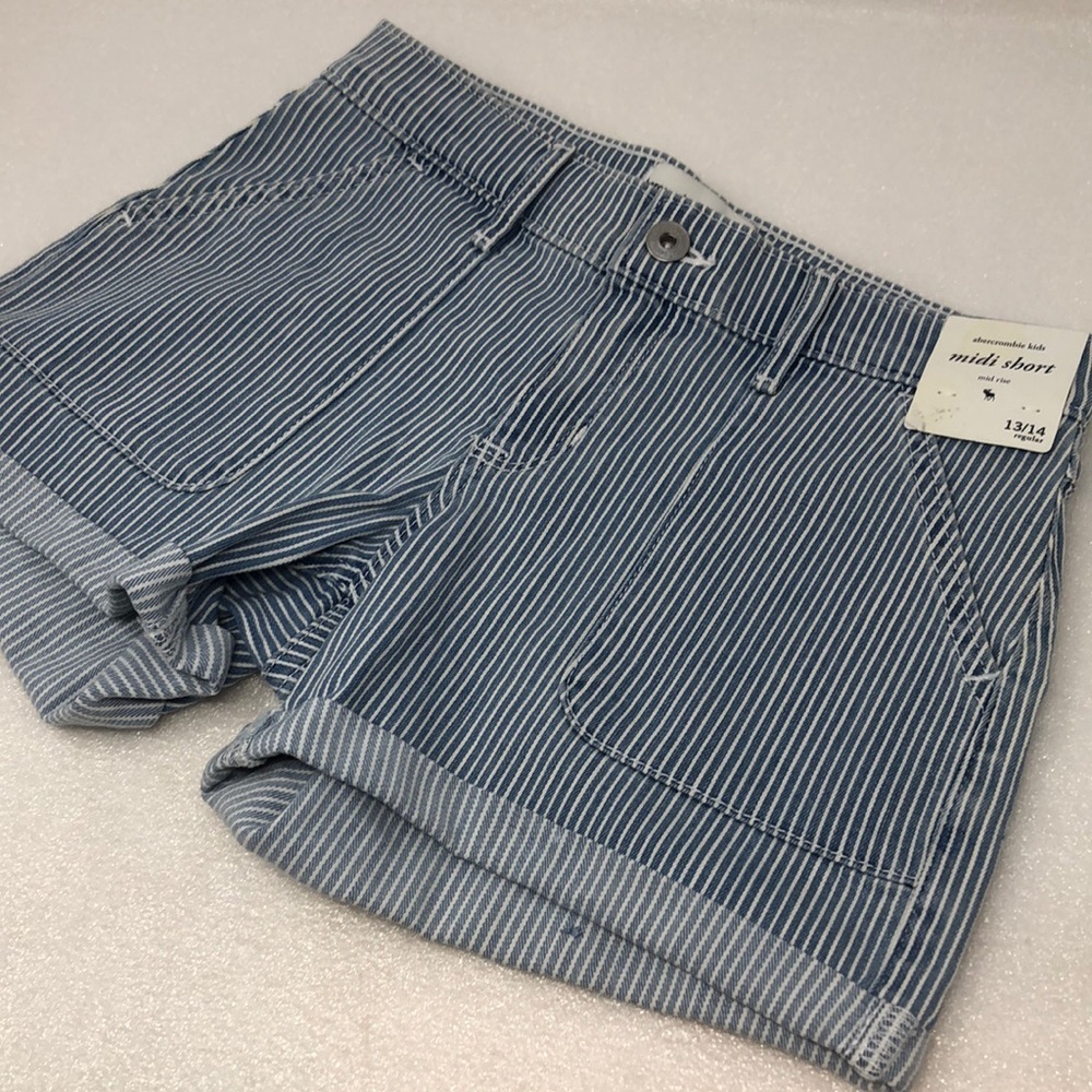 Abercrombie Kids Shorts Mid Rise Midi 13/14 Regular Blue & White Stripe Denim - Picture 15 of 15